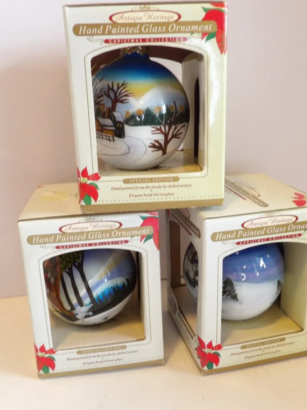 +- American Heritage Christmas Ornaments Set of 3 Hand Painted Blown Glass